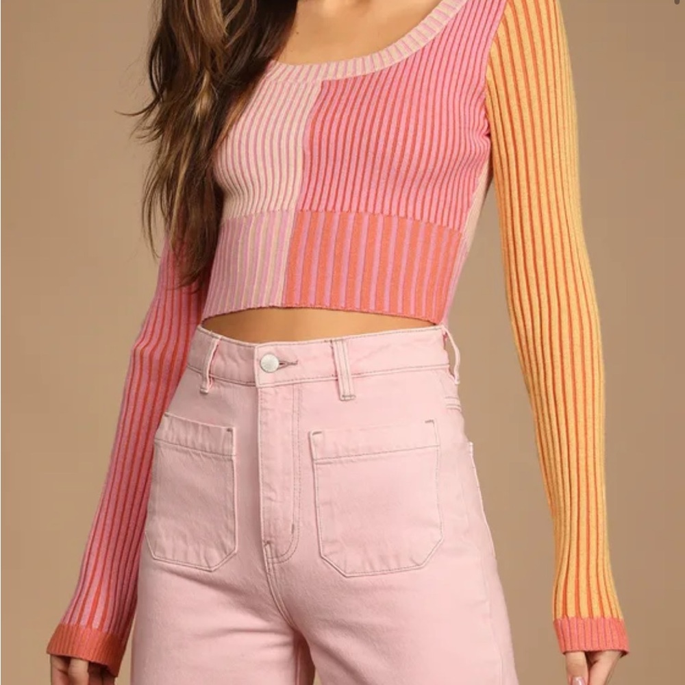 NWT Lulus Meant To Be Mod Pink Color Block Ribbed Long Sleeve Crop Top - Size S